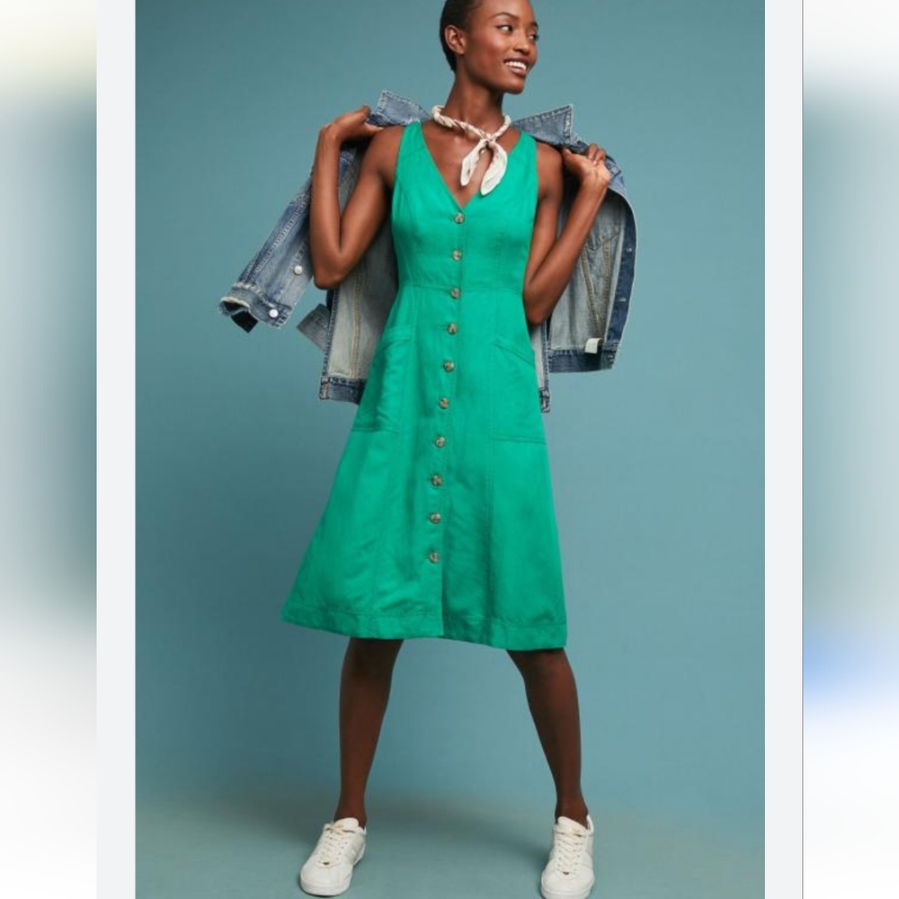 New Anthropologie Dionis Shirtdress by Maeve Green Linen Size 14